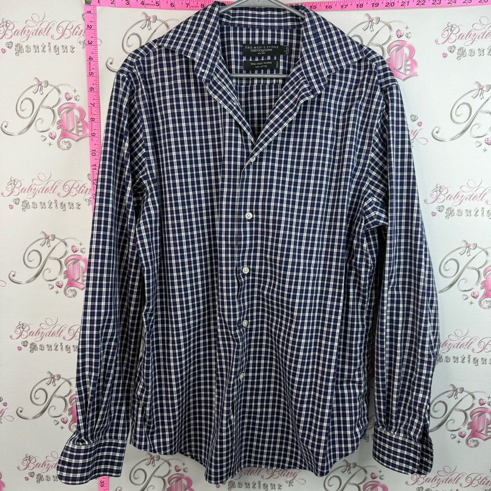 Bloomingdale's shirt non iron Men's Navy and White Checked Button-Down Shirt